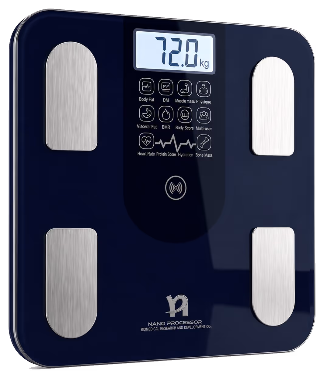 Nano Processor NPSWS 002 smart body composition scale, navy tempered glass with brushed-steel electrodes and a backlit display reading 72.0 kg